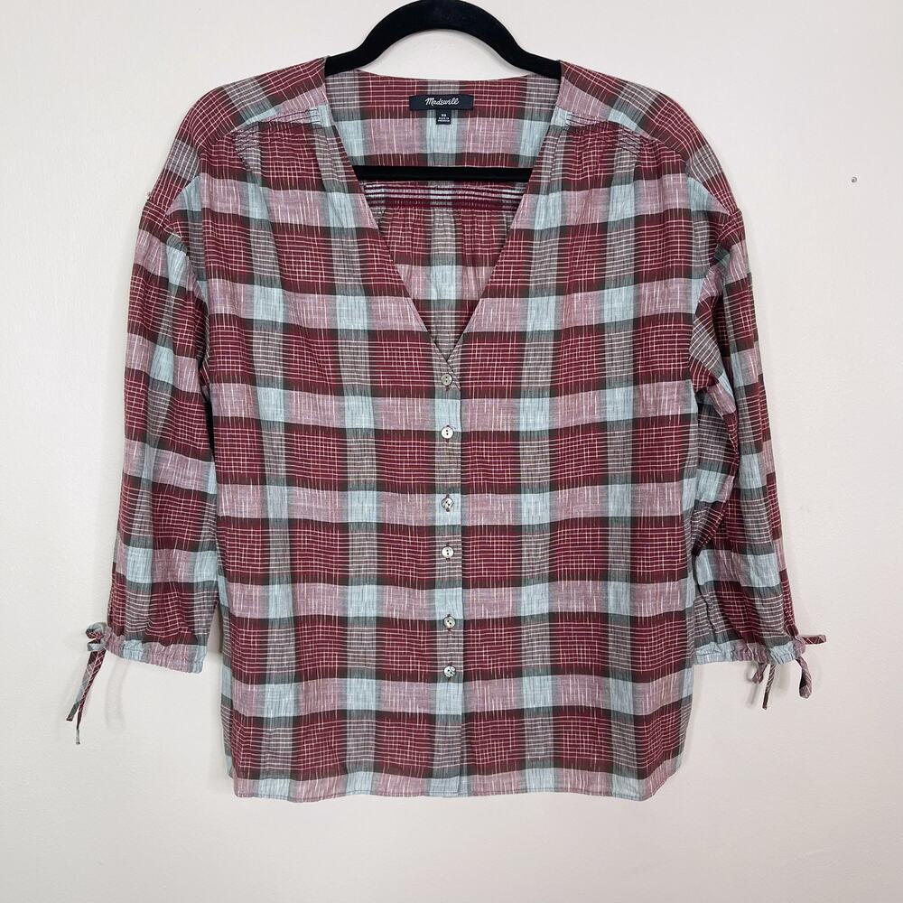 Madewell Womens XS Burgundy Red Morning View Plaid Tie Sleeve Top Button Front